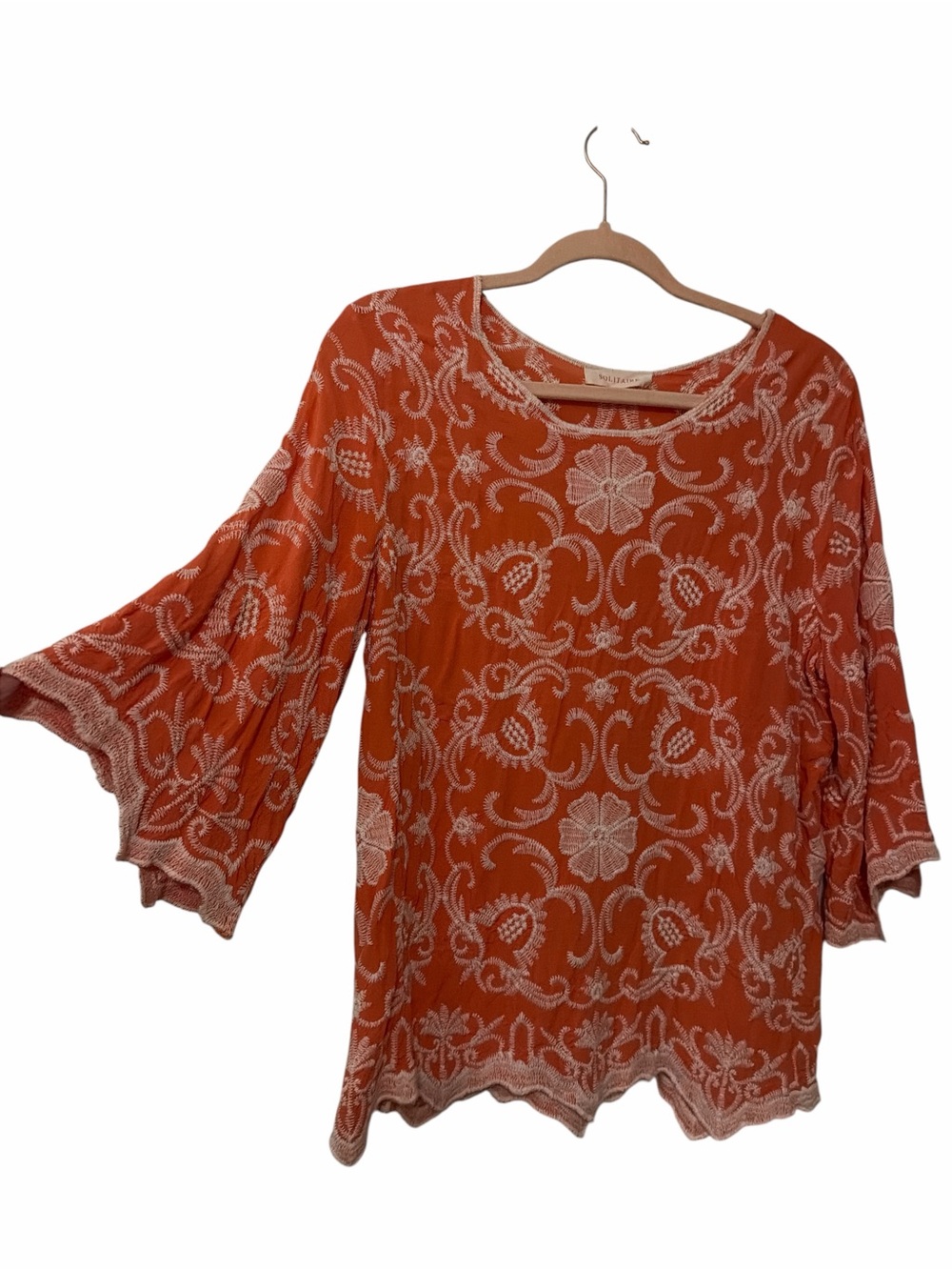 Solitaire Orange Embroidered Boho Bell Sleeve Tunic Top handkerchief hem Sz Larg